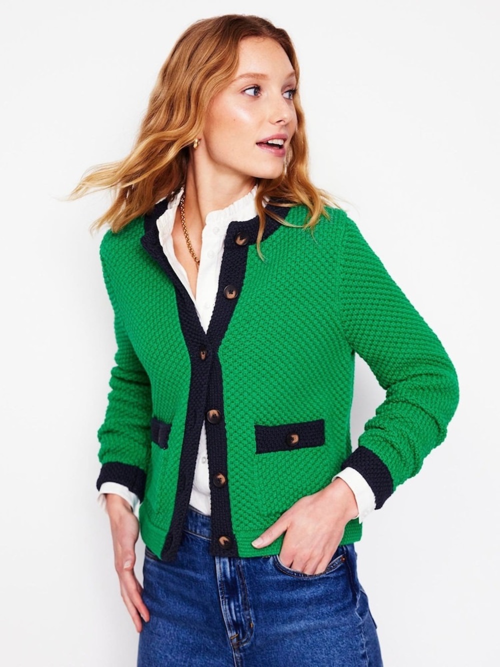 NWT BODEN Libby Cotton Knitted Jacket Sweater Green Navy Button Up US 8 UK 12